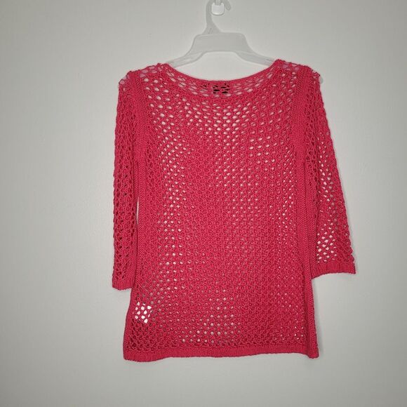 Pink pull over crochet open knit preppy boho casual 3/4 sleeve top size medium - Picture 2 of 6
